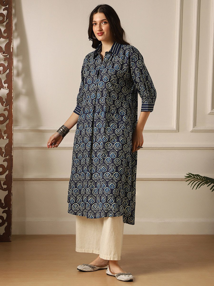 Women Indigo Collared Ethnic Floral Print Kurta