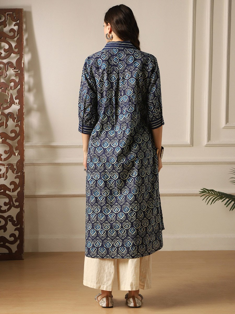 Women Indigo Collared Ethnic Floral Print Kurta
