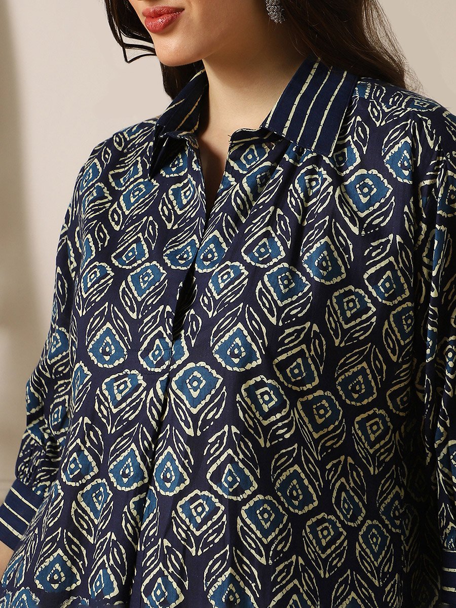 Women Indigo Collared Ethnic Floral Print Kurta