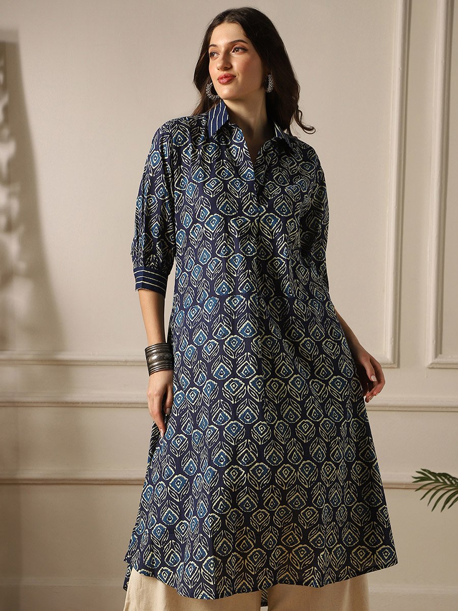 Women Indigo Collared Ethnic Floral Print Kurta