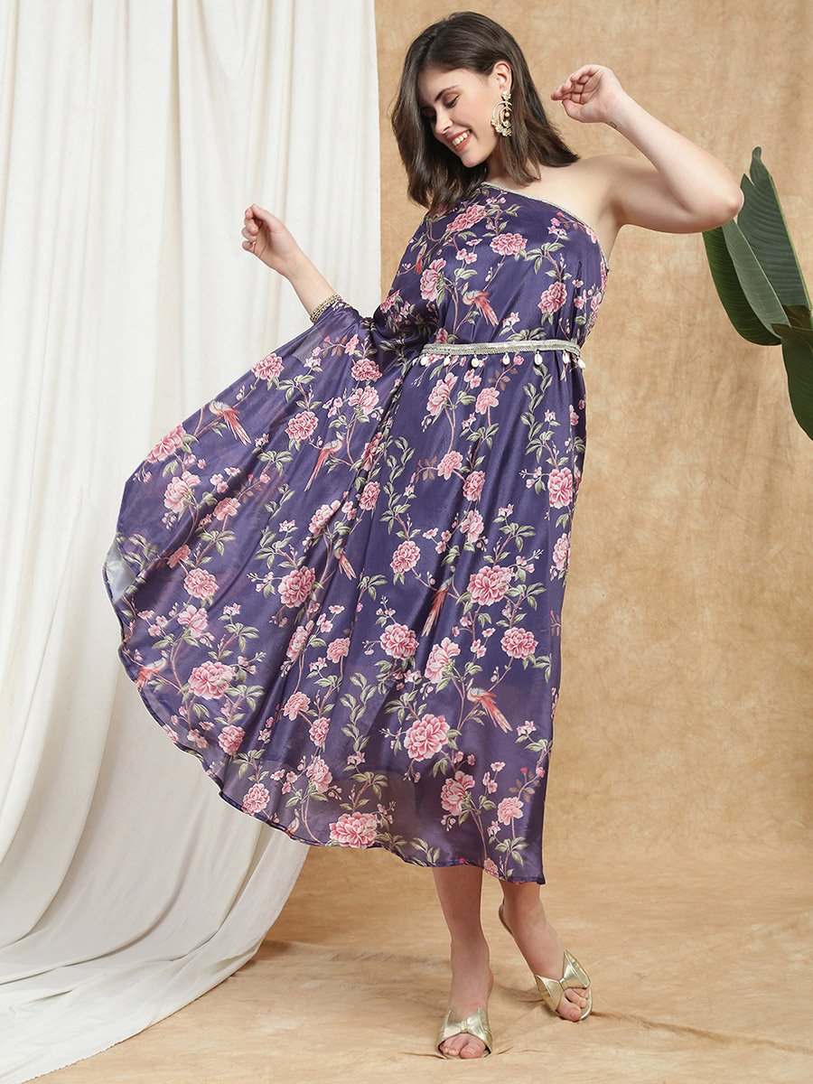 Women Purple Floral Print One Shoulder Midi Dress