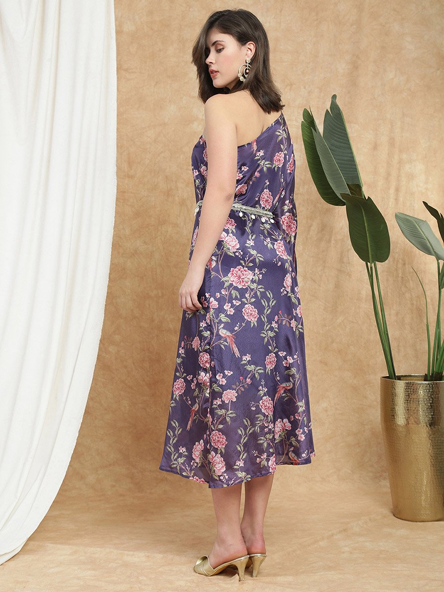 Women Purple Floral Print One Shoulder Midi Dress