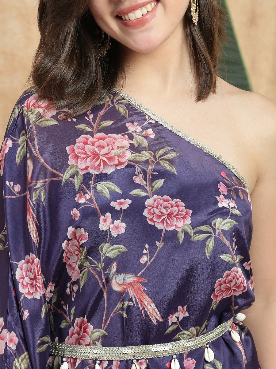 Women Purple Floral Print One Shoulder Midi Dress