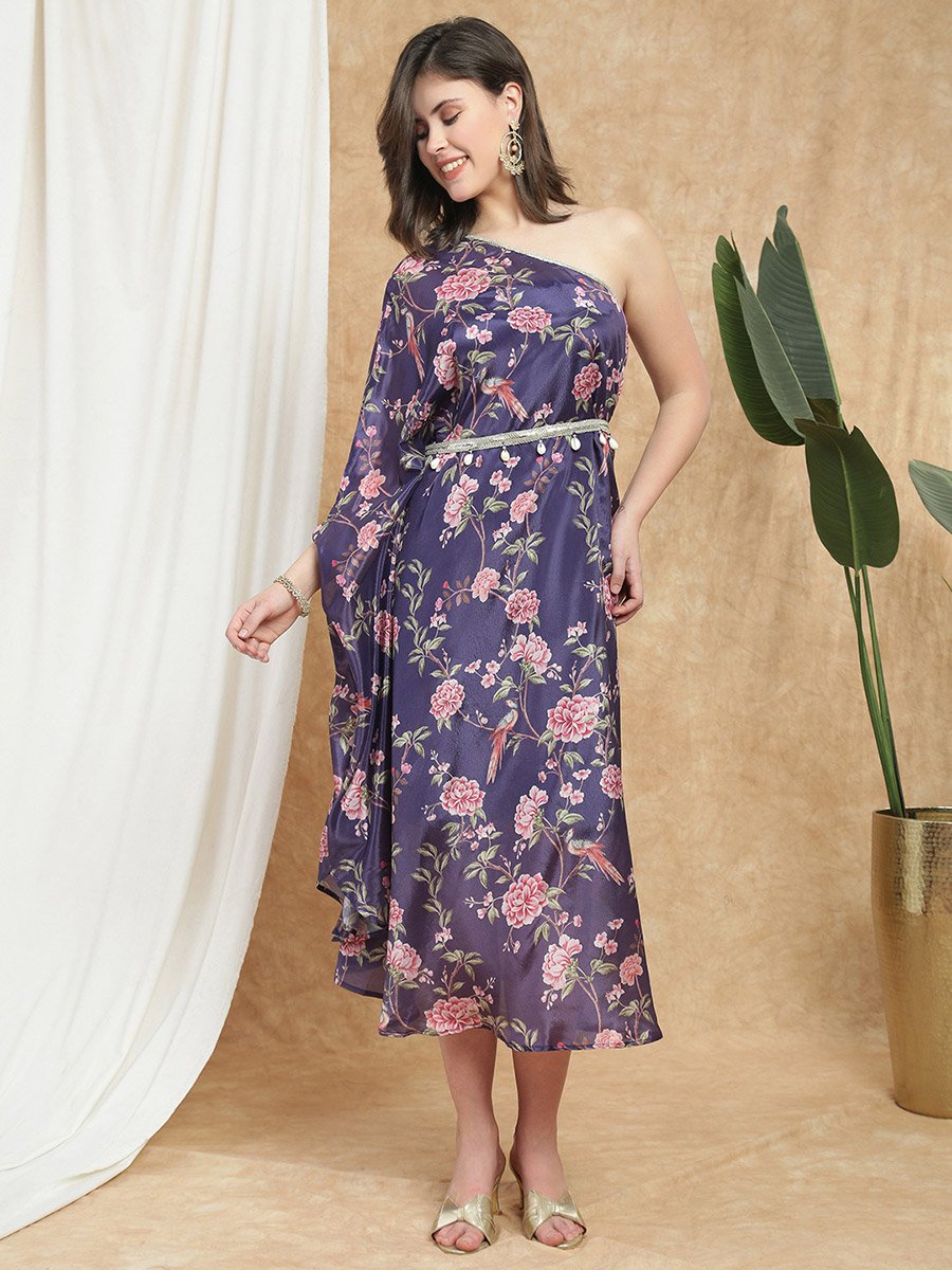 Women Purple Floral Print One Shoulder Midi Dress