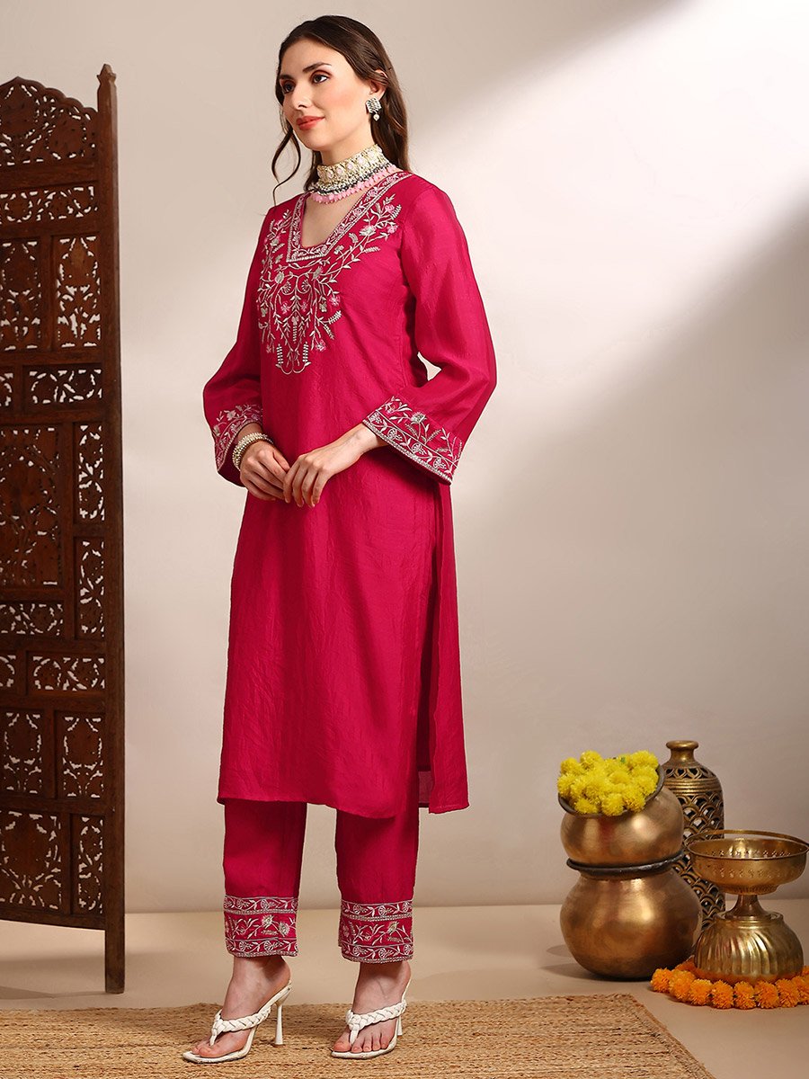 Women Pink Floral Embroidered Kurta with Pants Set
