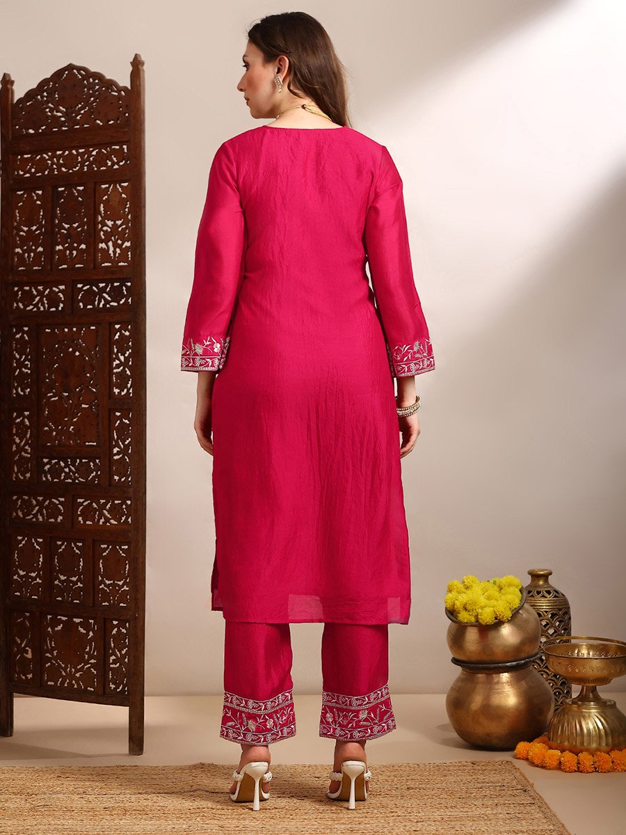 Women Pink Floral Embroidered Kurta with Pants Set