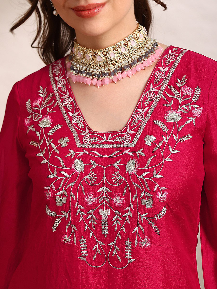 Women Pink Floral Embroidered Kurta with Pants Set