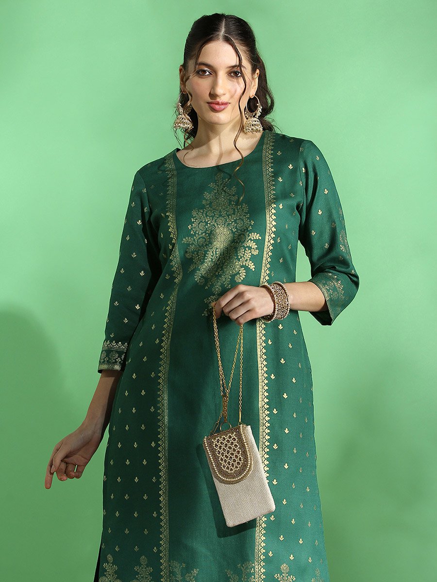 Women Green Ethnic Foil Print Straight Kurta and Pant Set For Women at UAE  | Styli