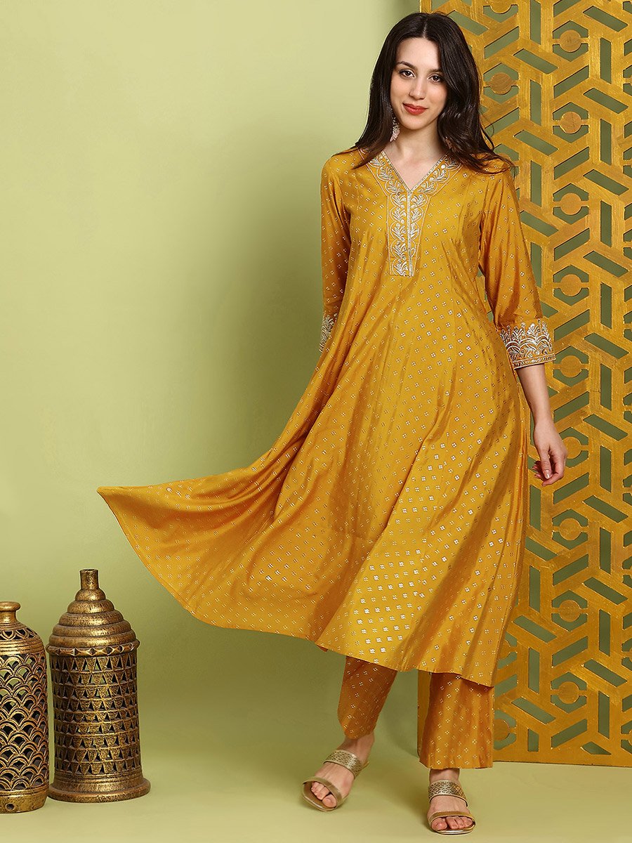 Women Mustard Zari Embroidered Kurta and Wide Leg Pants Set
