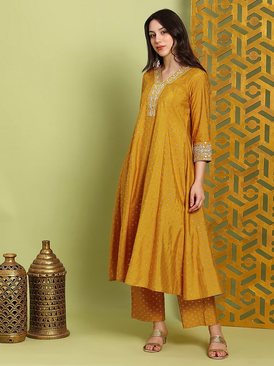 Women Mustard Zari Embroidered Kurta and Wide Leg Pants Set