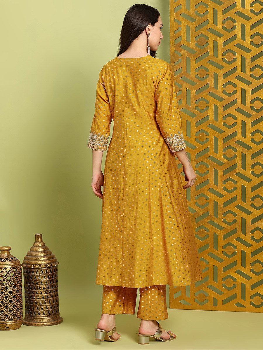 Women Mustard Zari Embroidered Kurta and Wide Leg Pants Set