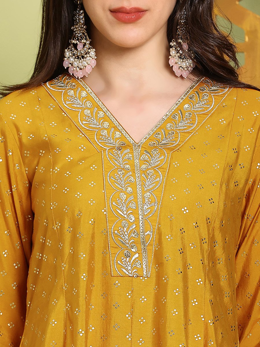 Women Mustard Zari Embroidered Kurta and Wide Leg Pants Set