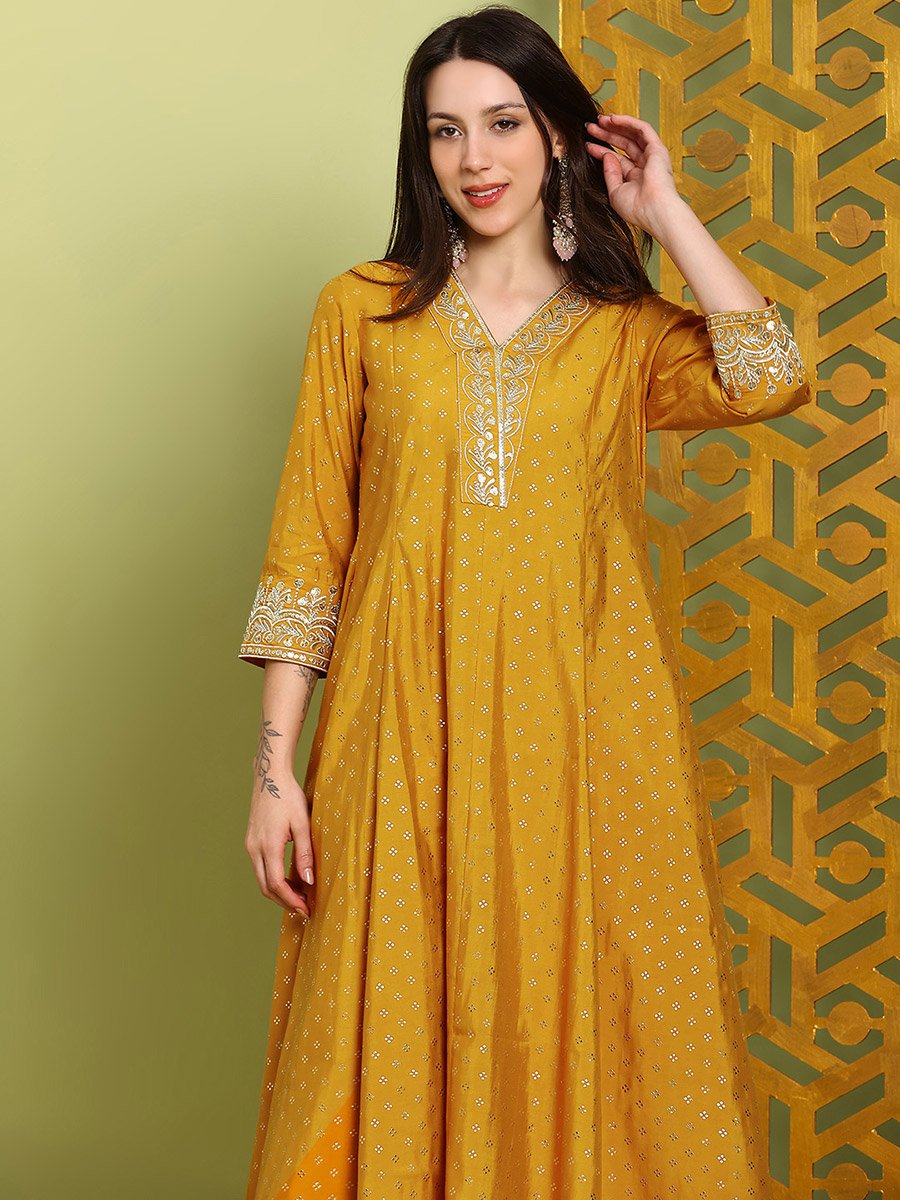 Women Mustard Zari Embroidered Kurta and Wide Leg Pants Set