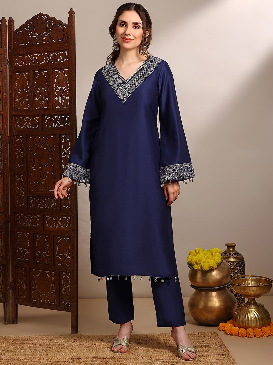 Women Blue Sequin Zari Embroidered Kurta with Pants Set