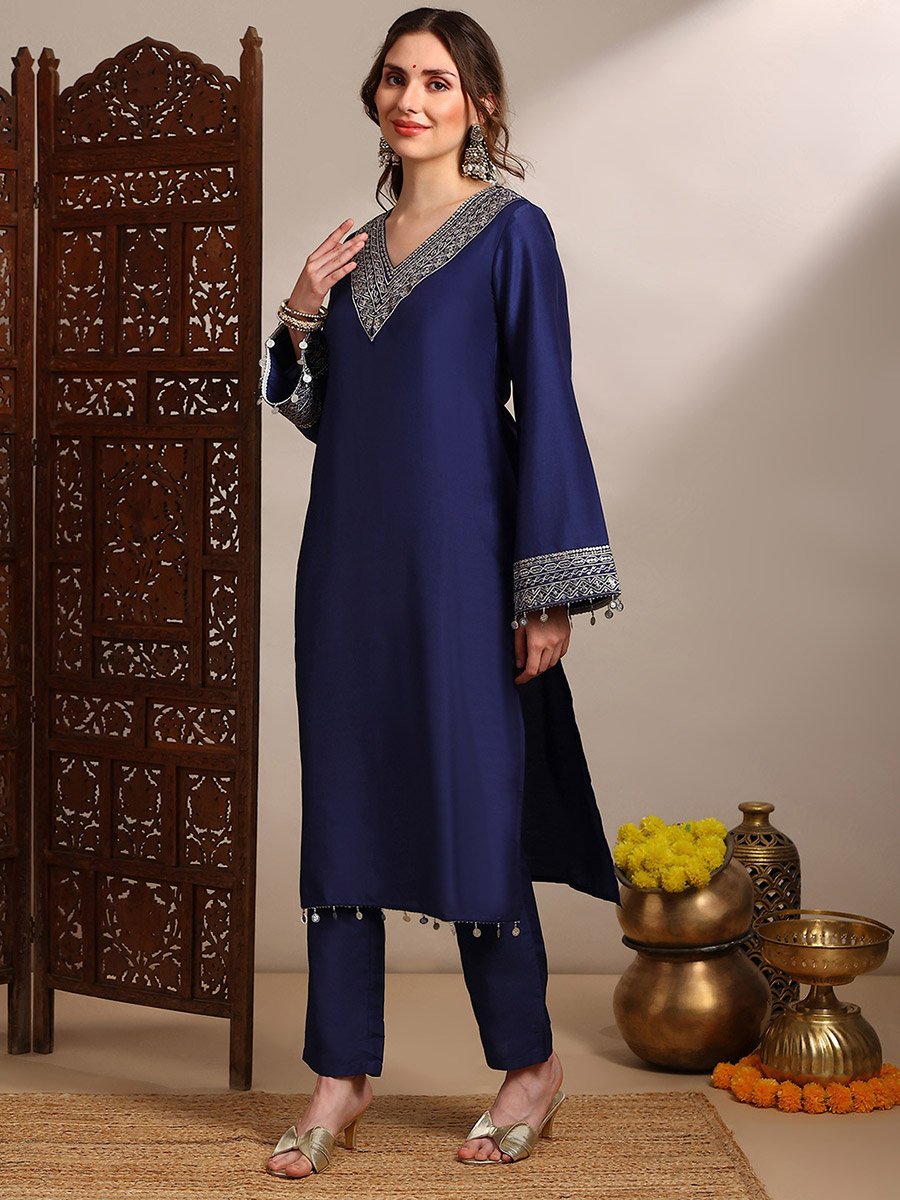 Women Blue Sequin Zari Embroidered Kurta with Pants Set