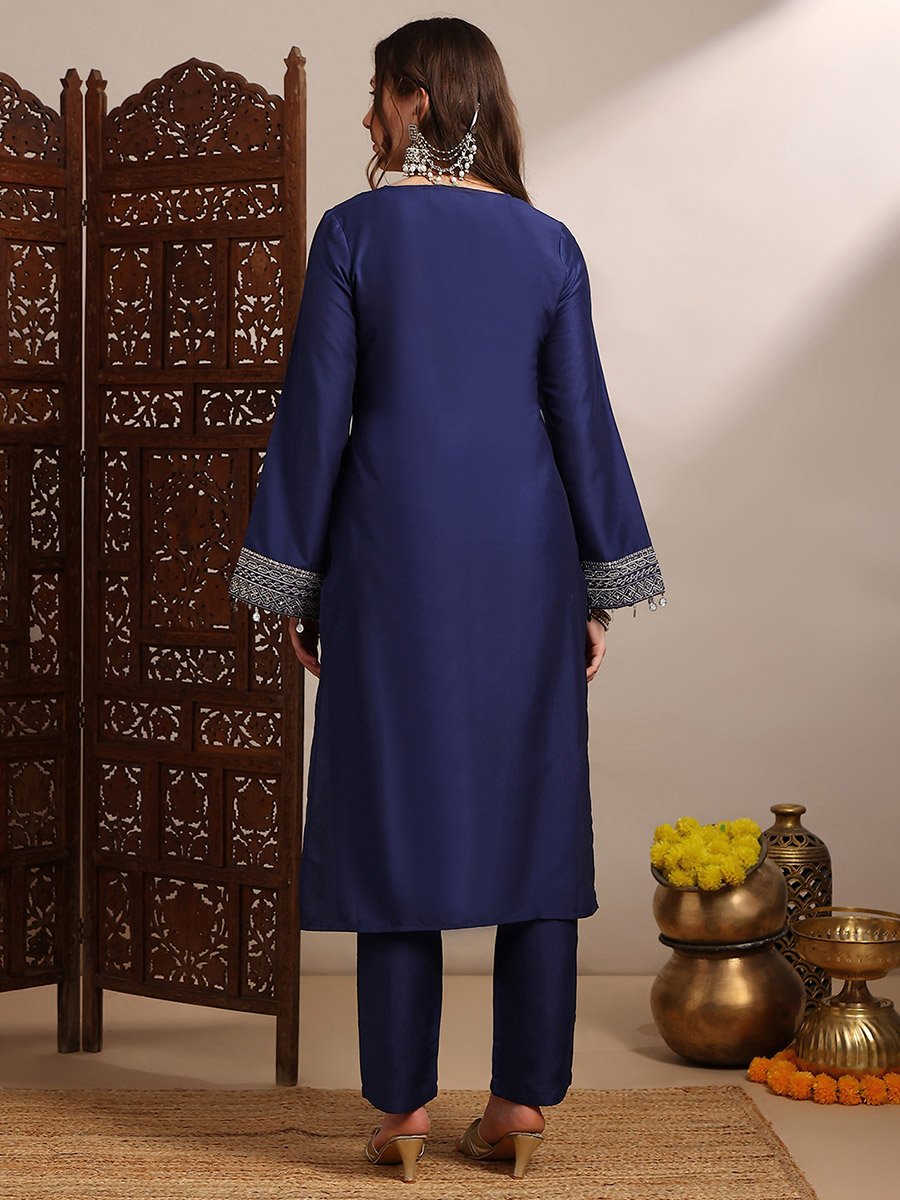 Women Blue Sequin Zari Embroidered Kurta with Pants Set