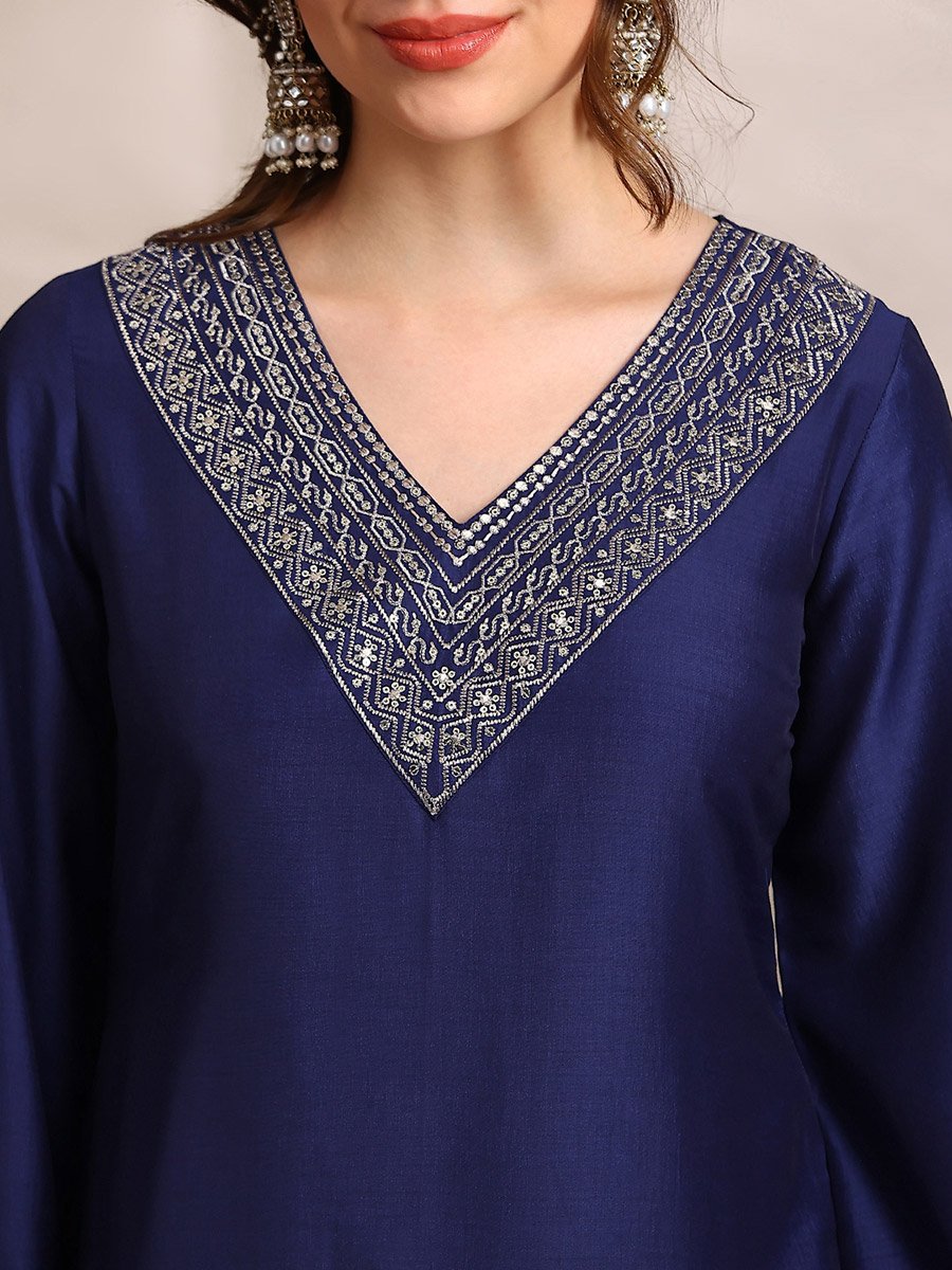 Women Blue Sequin Zari Embroidered Kurta with Pants Set