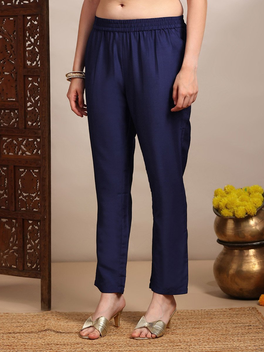 Women Blue Sequin Zari Embroidered Kurta with Pants Set