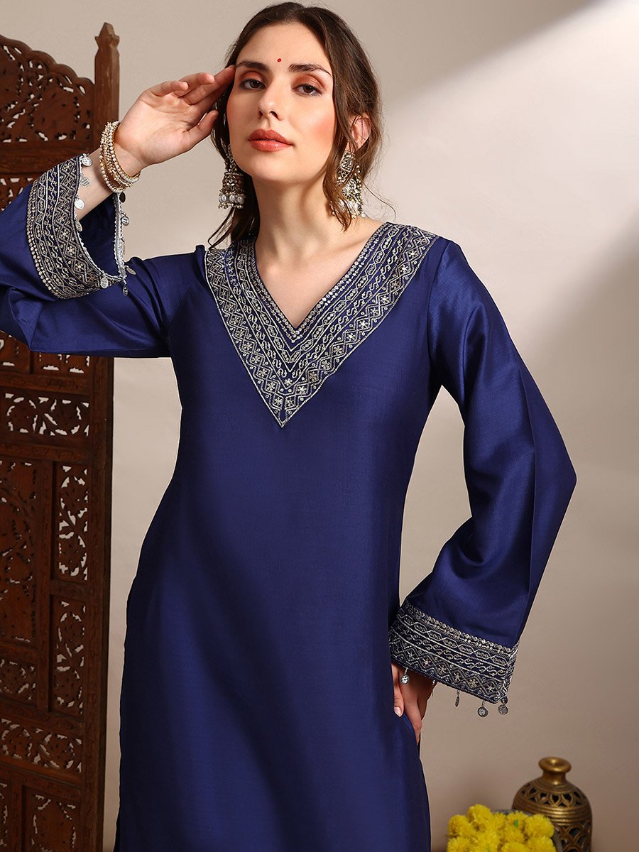 Women Blue Sequin Zari Embroidered Kurta with Pants Set