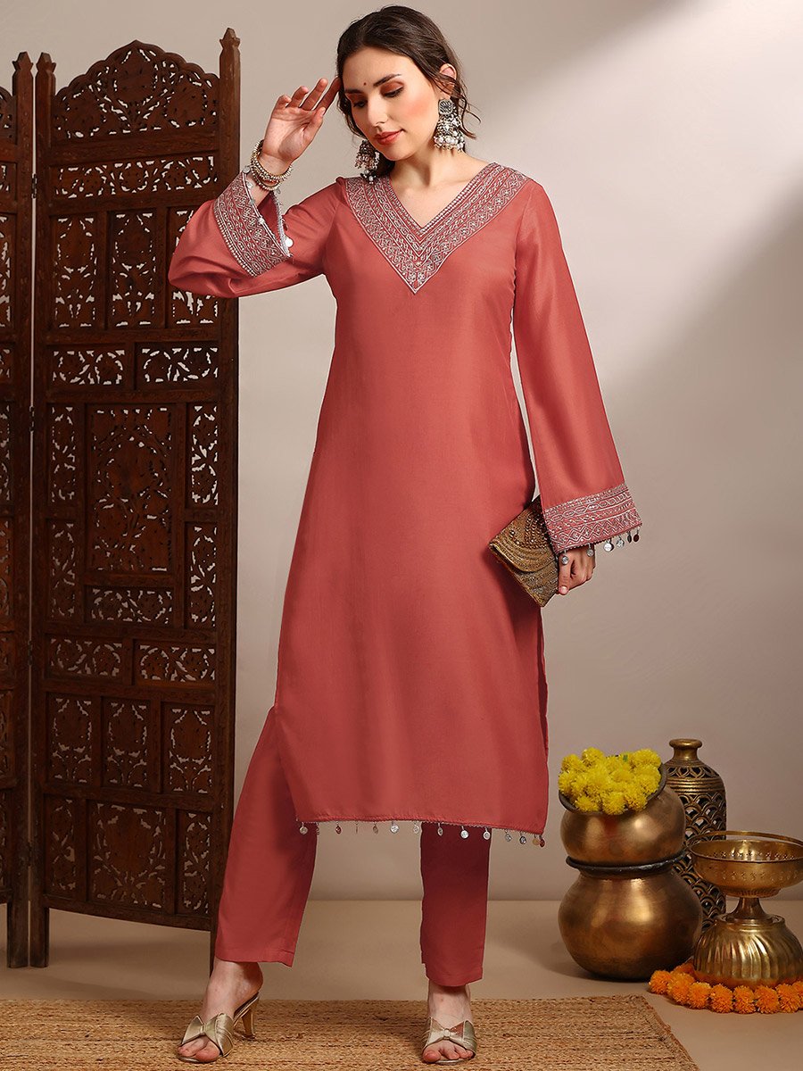 Women Orange Sequin Zari Embroidered Kurta with Pants Set