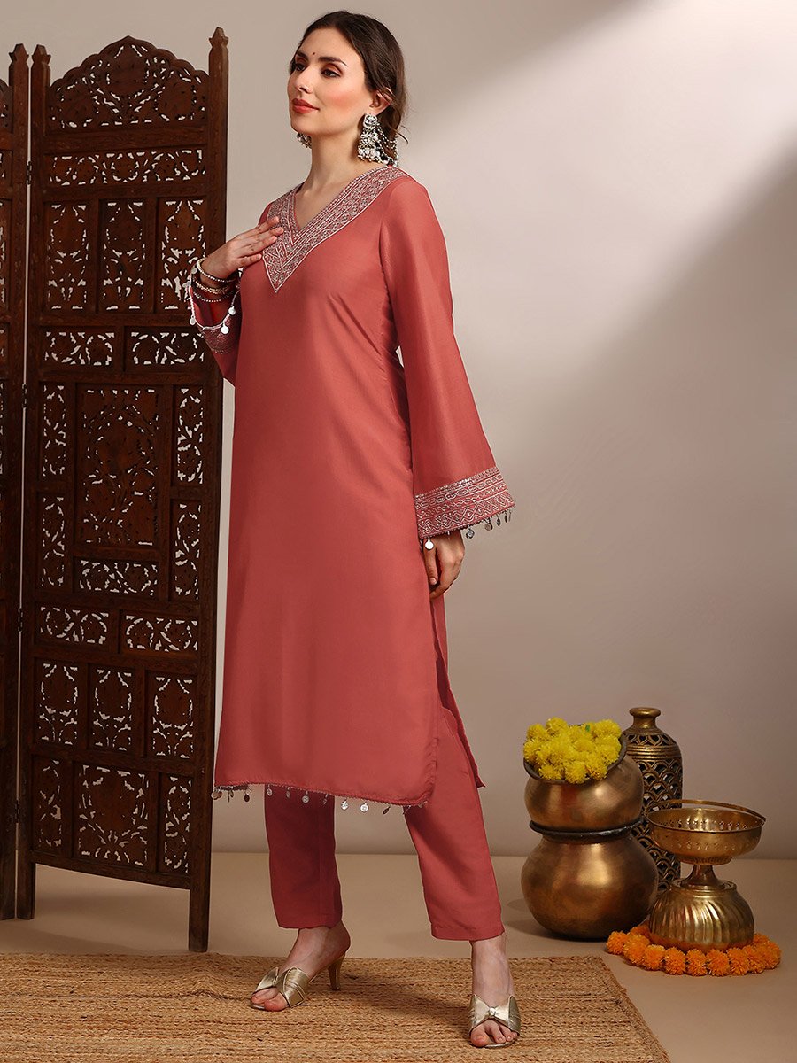Women Orange Sequin Zari Embroidered Kurta with Pants Set