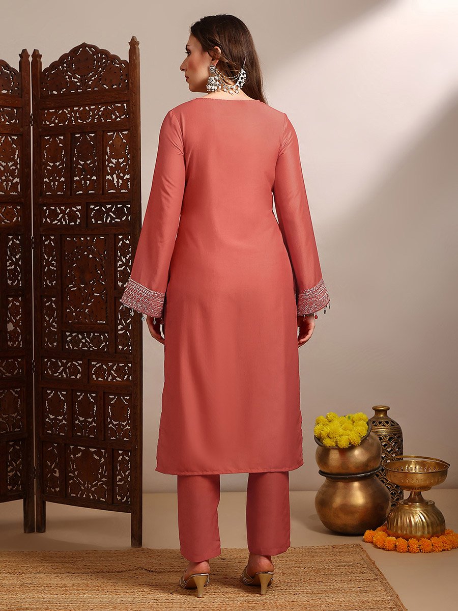 Women Orange Sequin Zari Embroidered Kurta with Pants Set