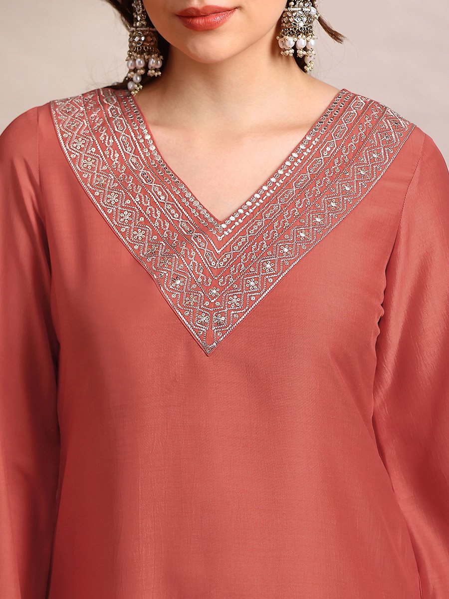 Women Orange Sequin Zari Embroidered Kurta with Pants Set