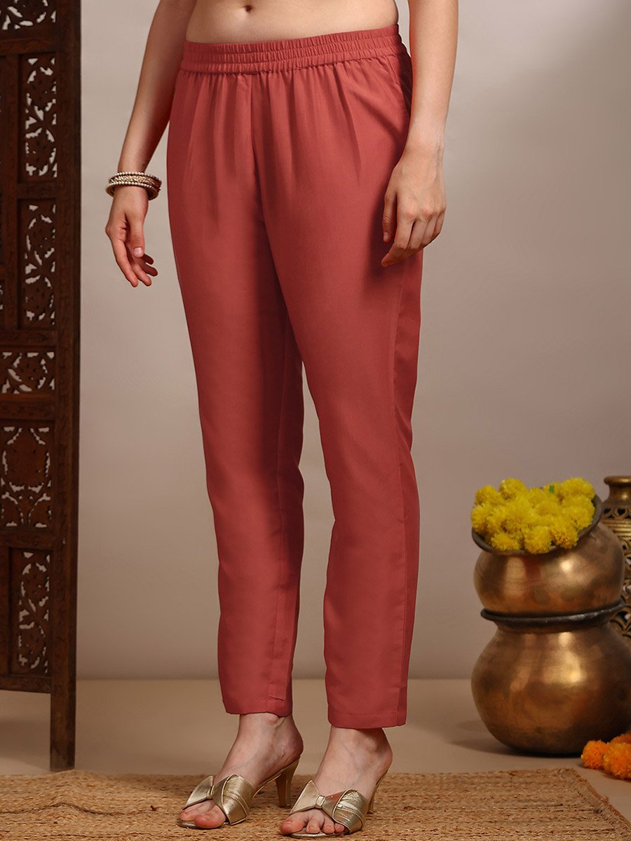 Women Orange Sequin Zari Embroidered Kurta with Pants Set