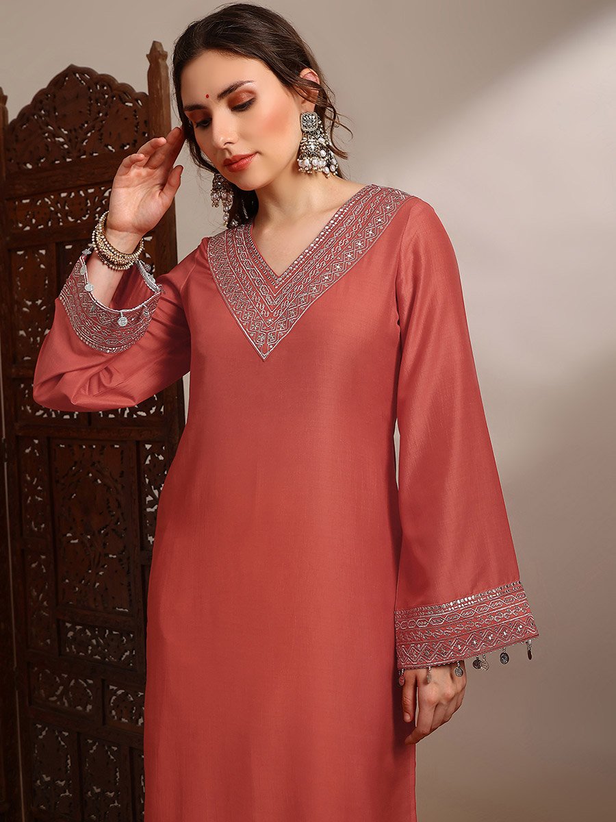 Women Orange Sequin Zari Embroidered Kurta with Pants Set