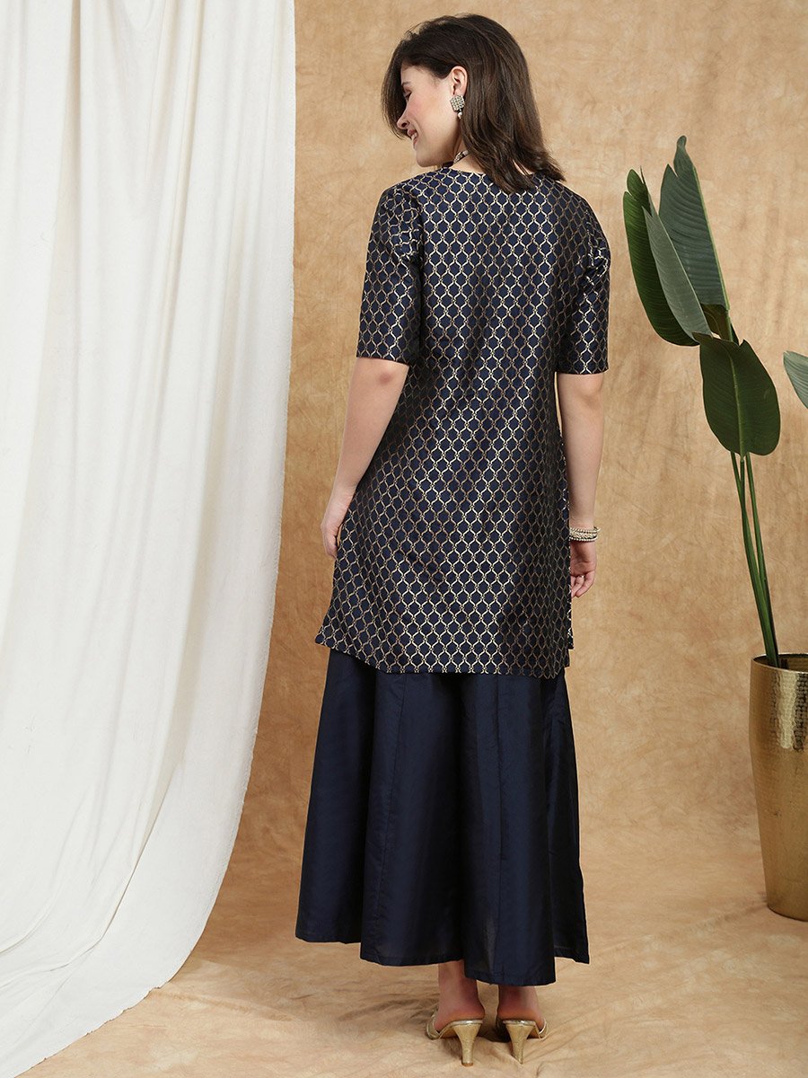 Women Navy Blue Printed Kurti with Flared Palazzo Set
