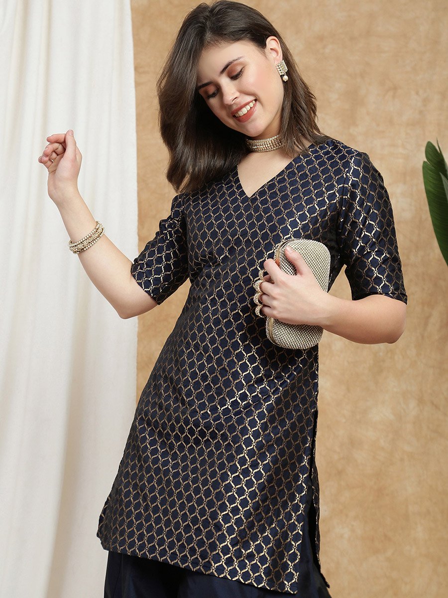 Women Navy Blue Printed Kurti with Flared Palazzo Set