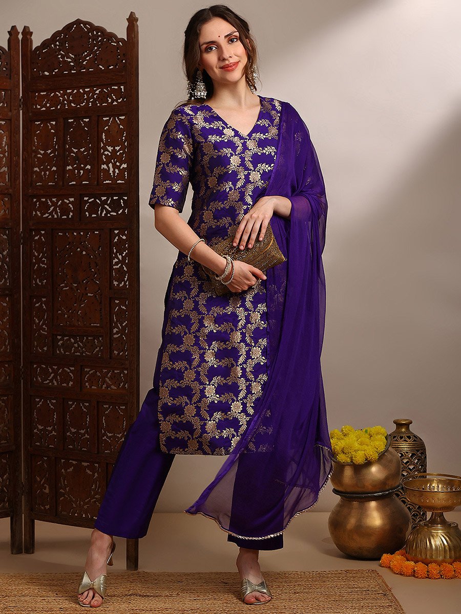 Women Purple Floral Woven Straight Kurta with Pants and Taping Dupatta Set