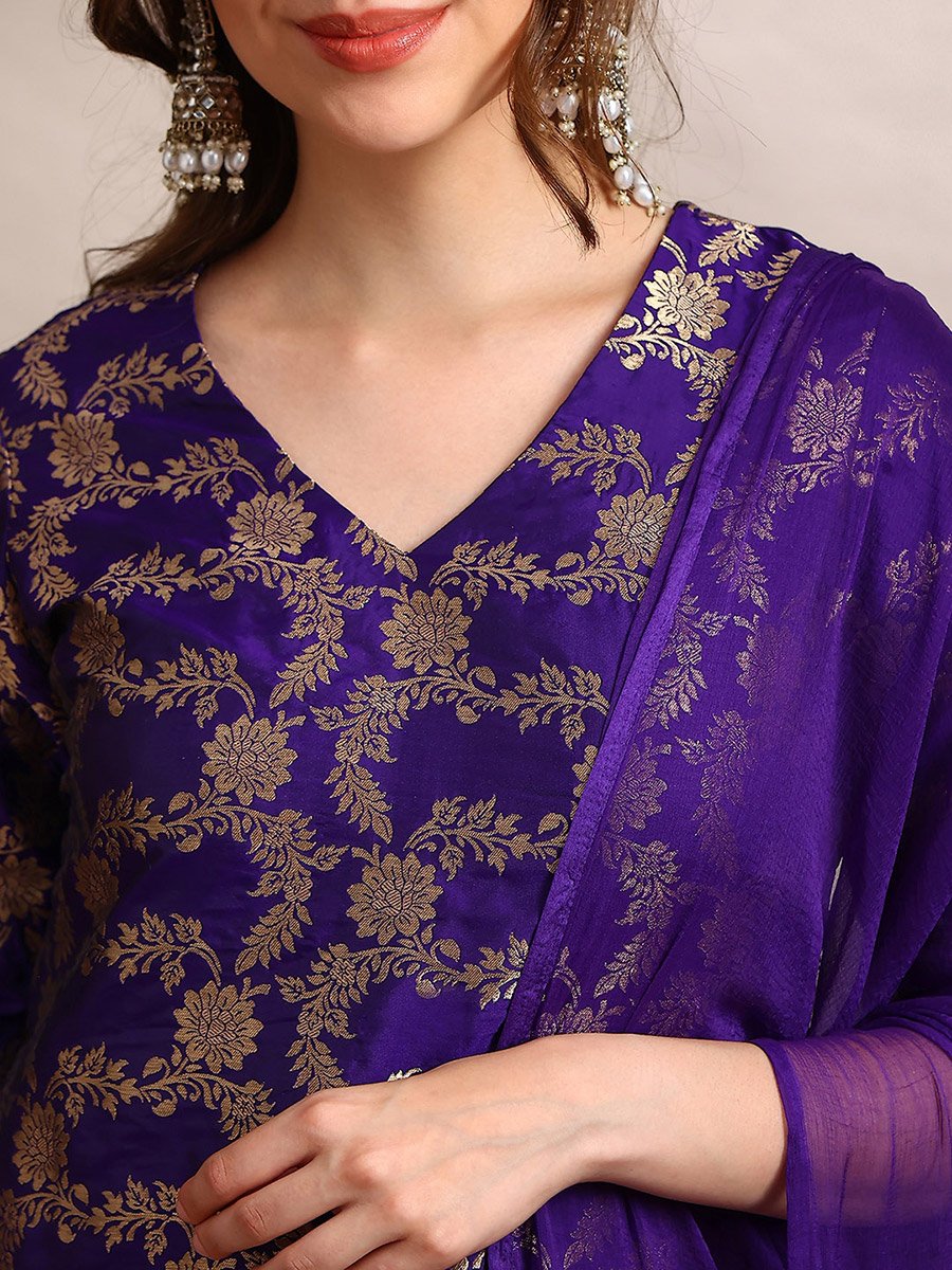 Women Purple Floral Woven Straight Kurta with Pants and Taping Dupatta Set