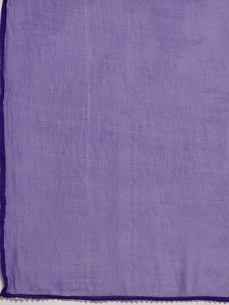 Women Purple Floral Woven Straight Kurta with Pants and Taping Dupatta Set