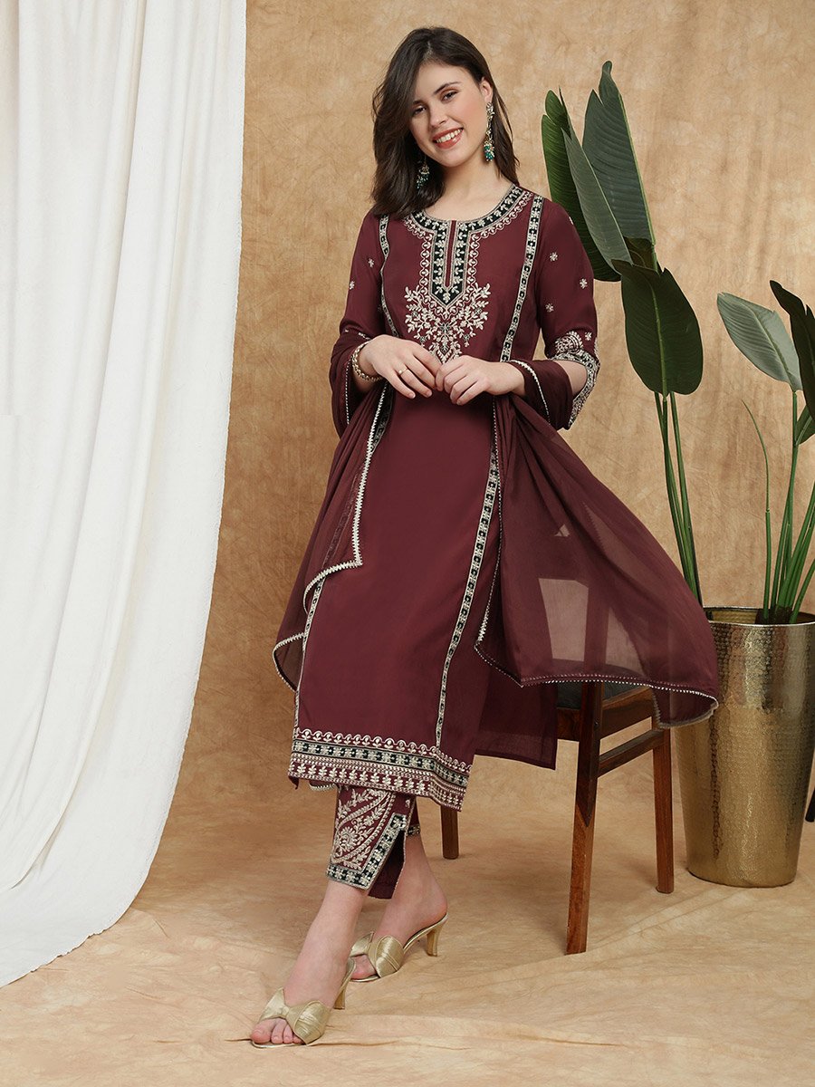 Women Maroon Embroidered Yoke Kurta with Wide Leg Pants and Dupatta Set