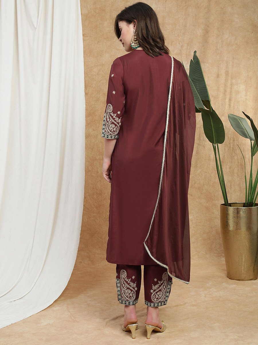 Women Maroon Embroidered Yoke Kurta with Wide Leg Pants and Dupatta Set