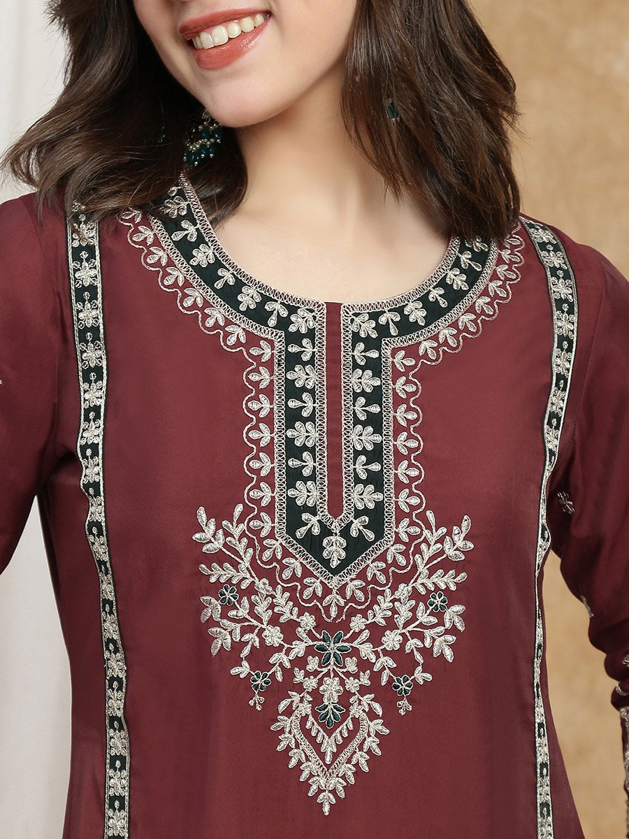 Women Maroon Embroidered Yoke Kurta with Wide Leg Pants and Dupatta Set