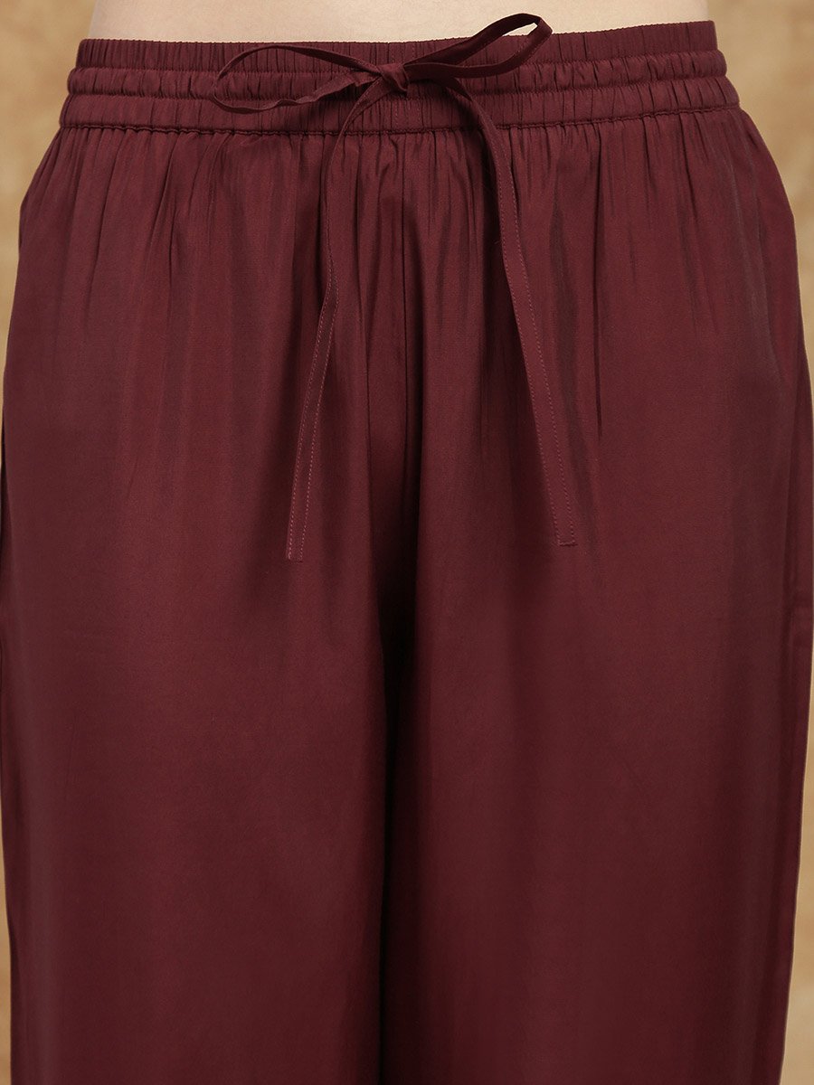 Women Maroon Embroidered Yoke Kurta with Wide Leg Pants and Dupatta Set