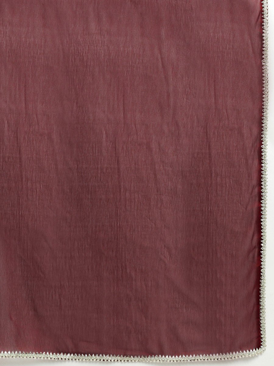 Women Maroon Embroidered Yoke Kurta with Wide Leg Pants and Dupatta Set