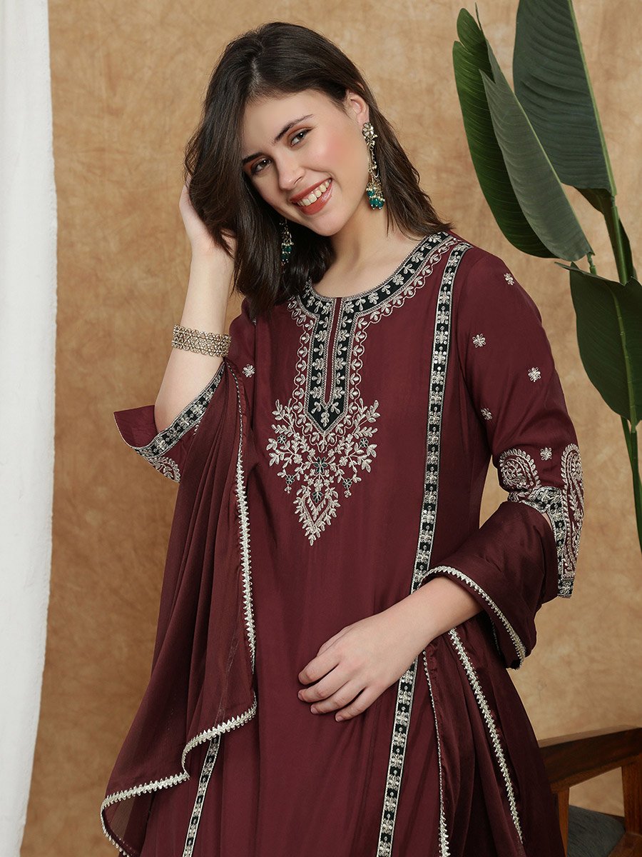 Women Maroon Embroidered Yoke Kurta with Wide Leg Pants and Dupatta Set