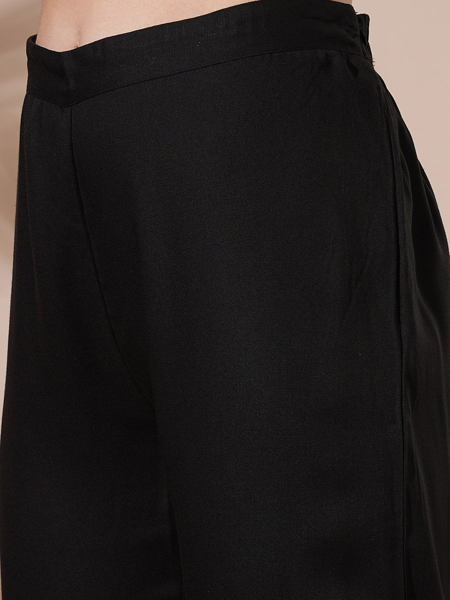 Women Black Embroidered Front Slits A-Line Kurta with Pant Set