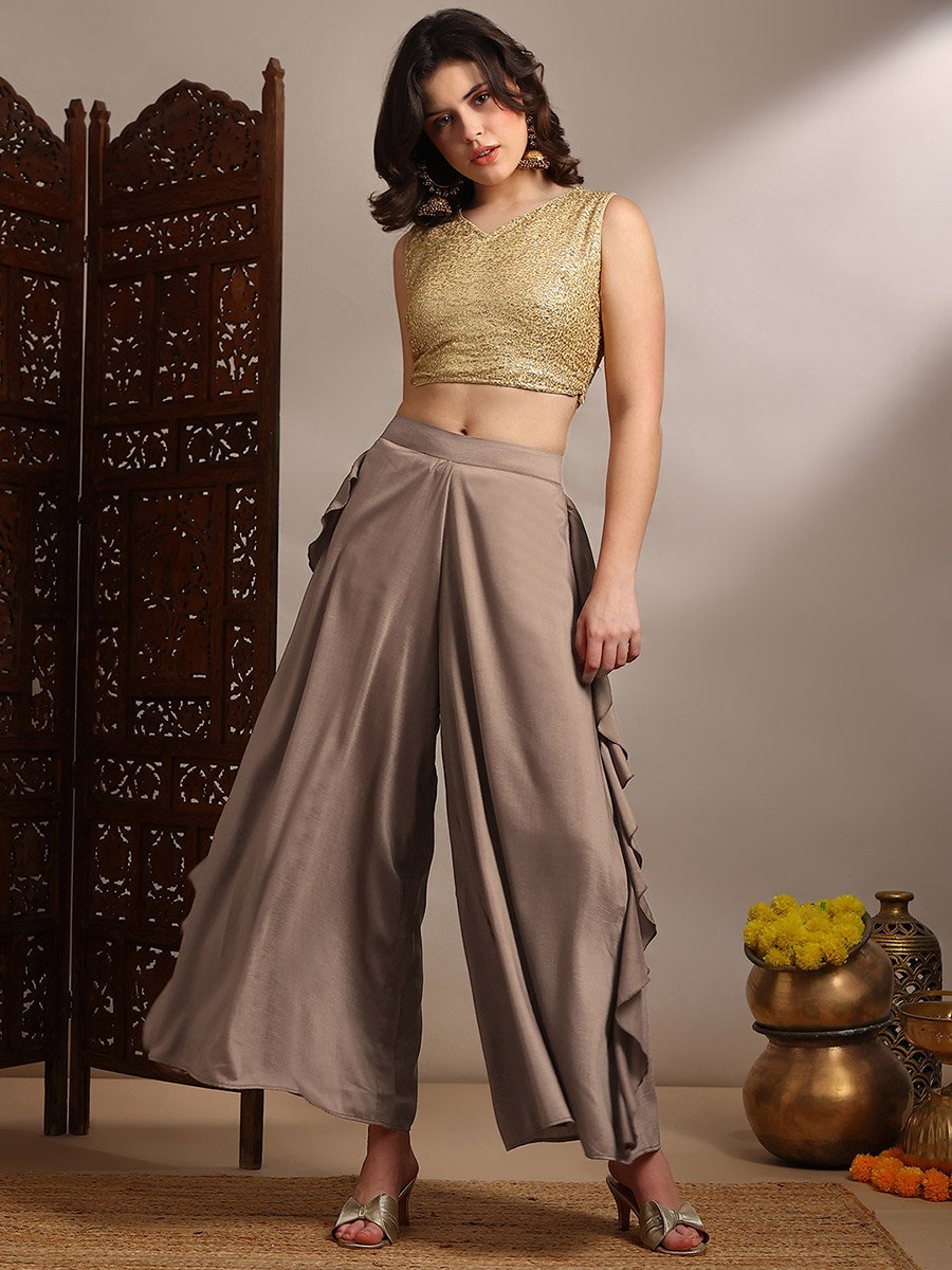 Women Ruffle Detail Wide Leg Festive Palazzo