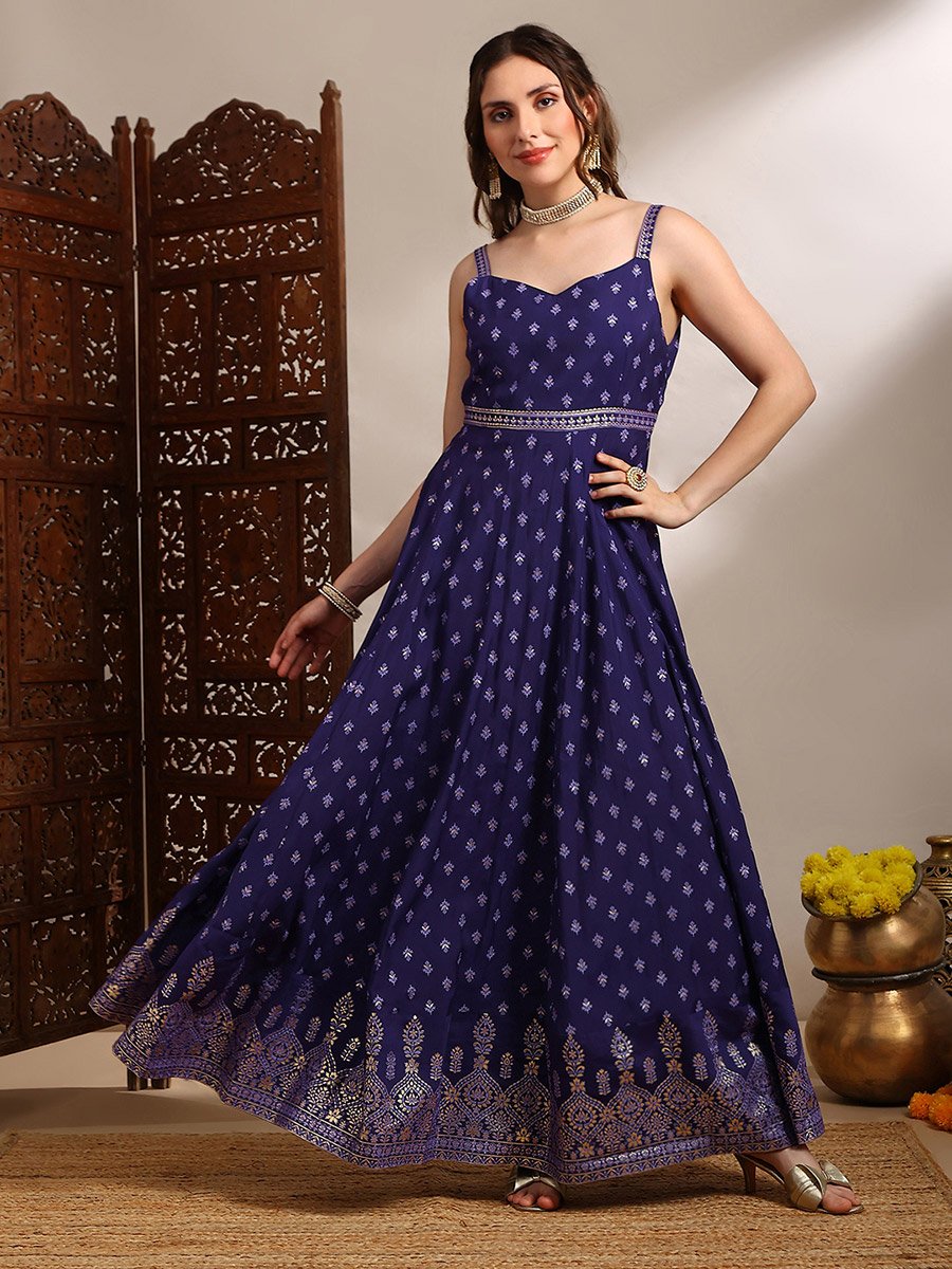 Women Purple Gold Foil Print Ethnic Maxi Dress
