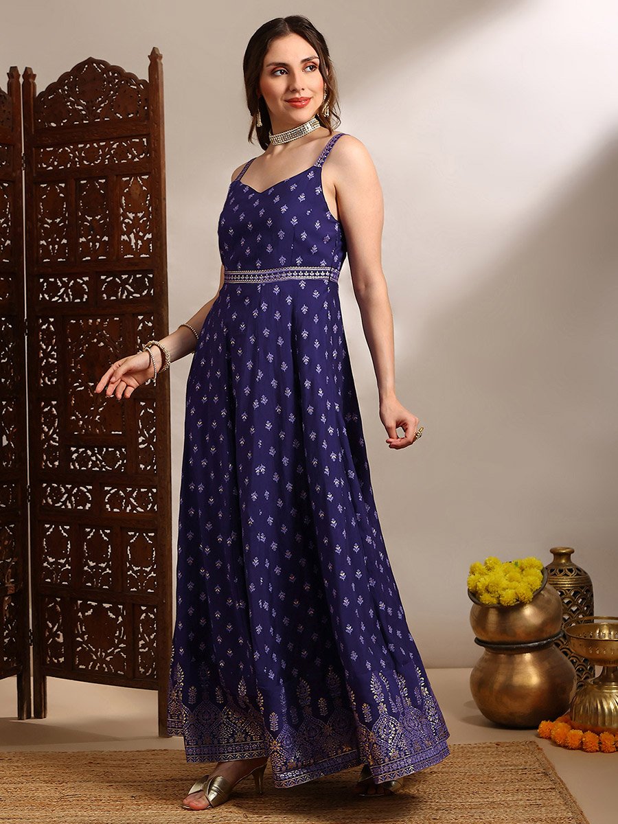 purple and gold maxi dress Women Foil Print Ethnic For Women at Oman Collection:Springbreak