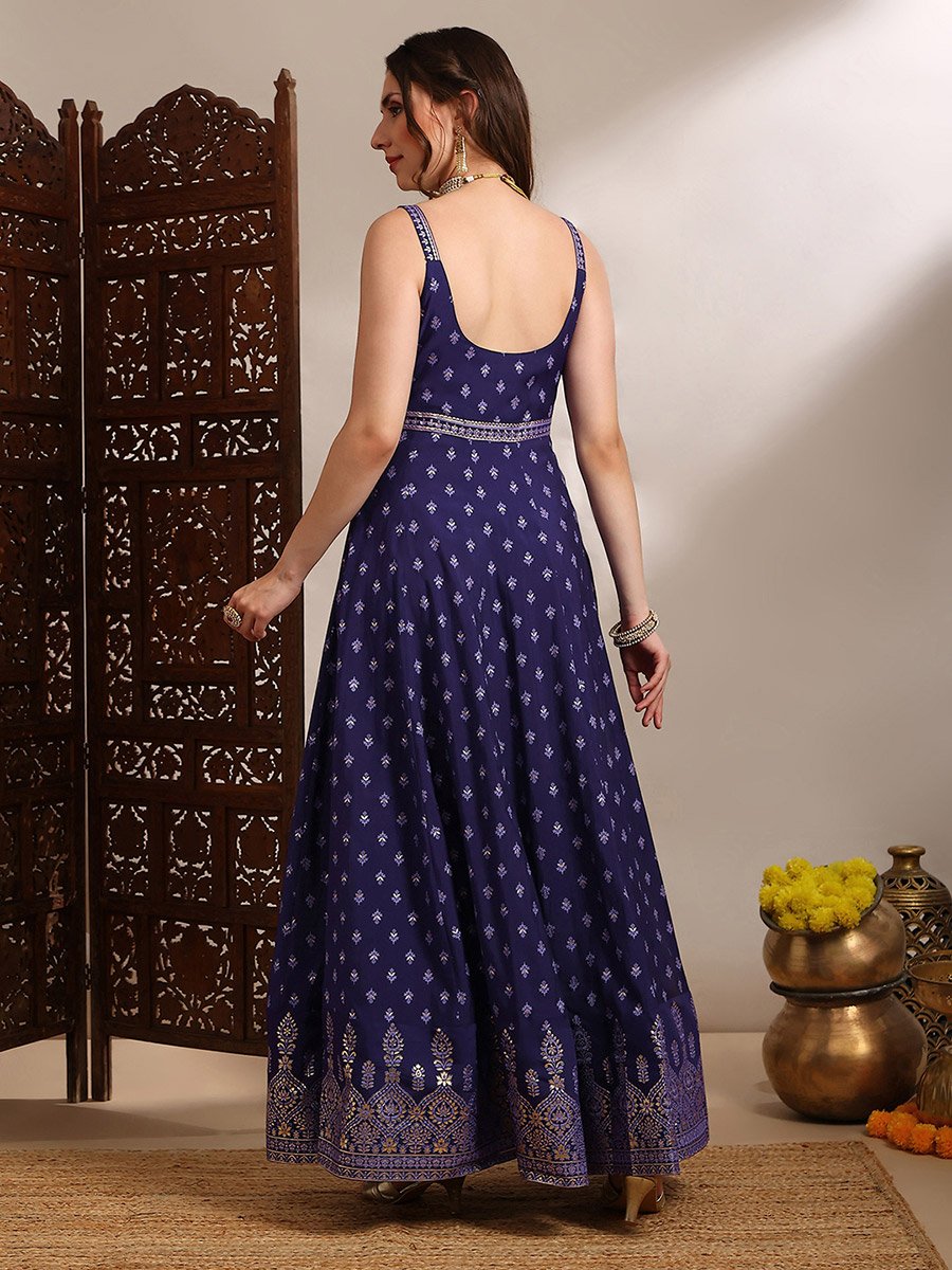 Women Purple Gold Foil Print Ethnic Maxi Dress