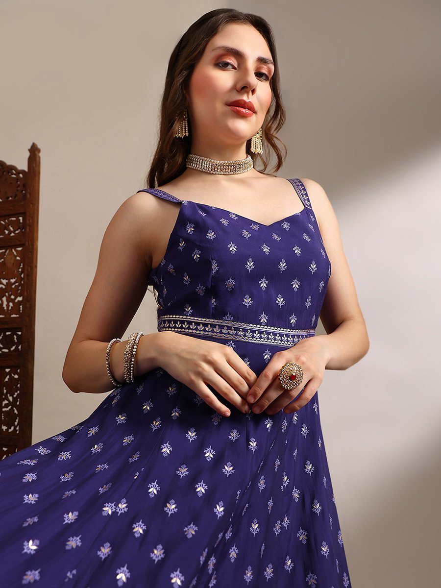 Women Purple Gold Foil Print Ethnic Maxi Dress