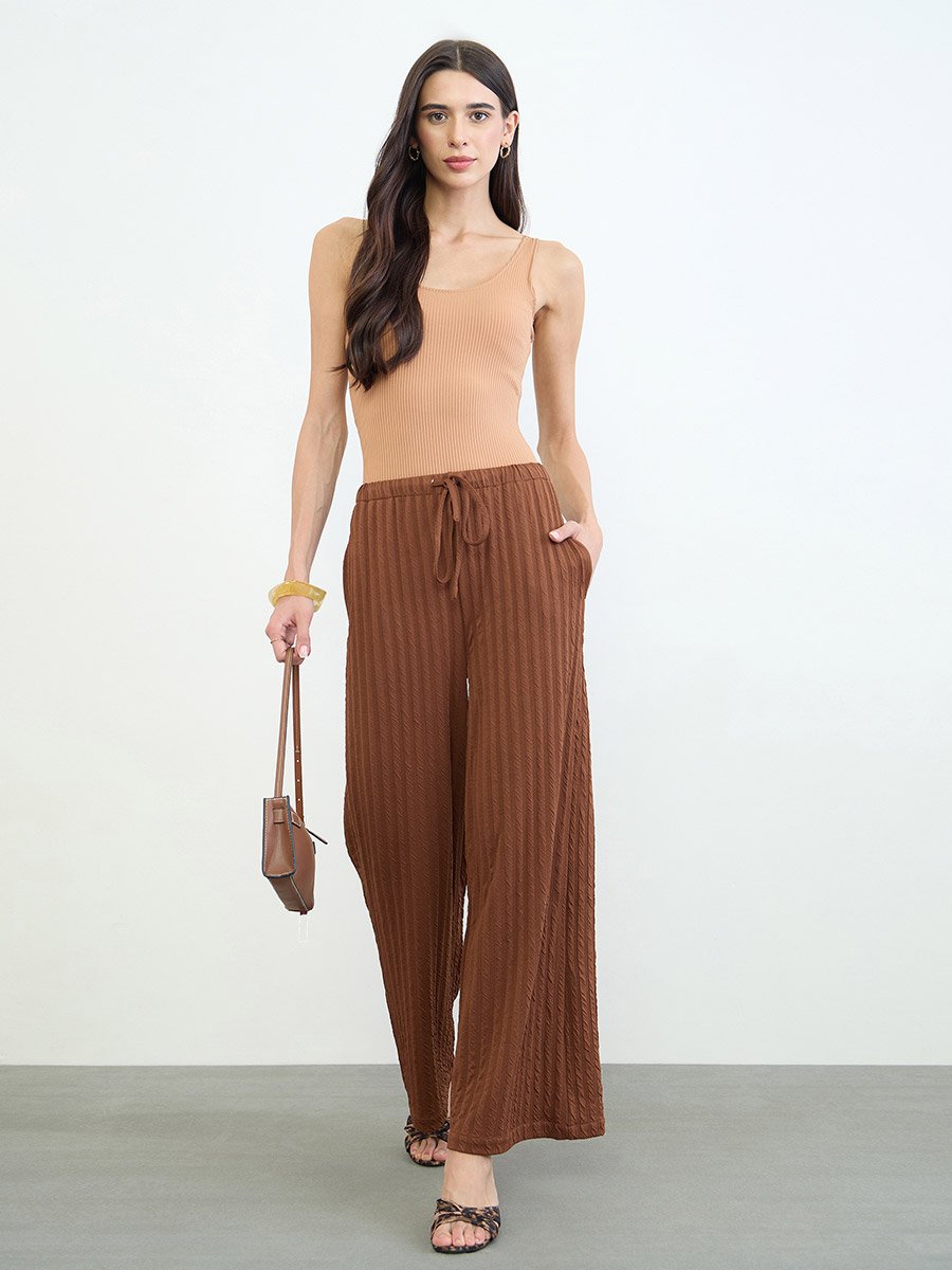 Brown Textured Wide Leg Pants