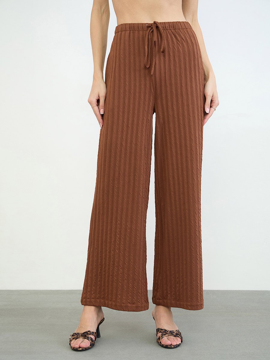 Brown Textured Wide Leg Pants