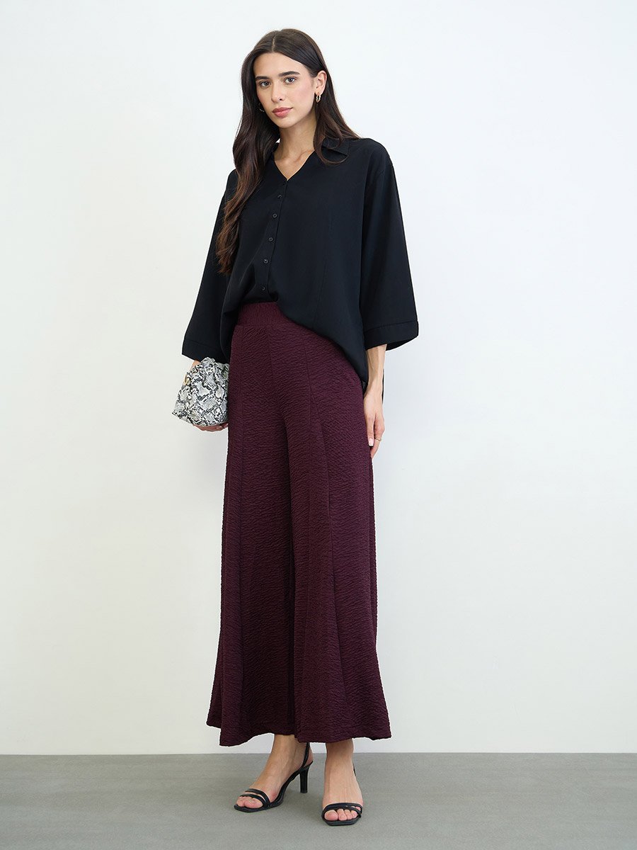 Purple Textured Wide Leg Trousers