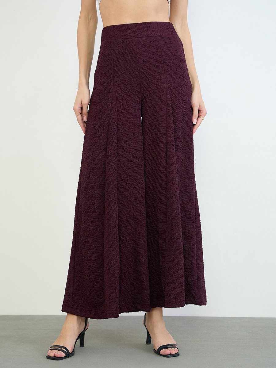 Purple Textured Wide Leg Trousers